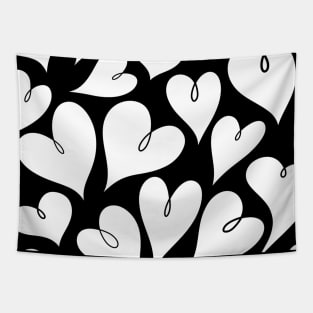 Fun Loopy White Hearts Doodle on Black Backdrop Pattern, made by EndlessEmporium Tapestry