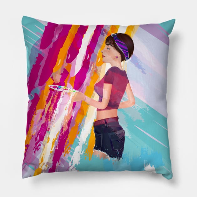 Girl painter and colorful artist paint palette Pillow by Salma Ismail