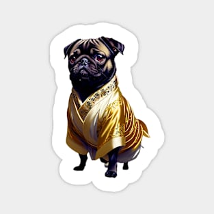 The Regal Pug: Adorned in a Golden Kimono Magnet