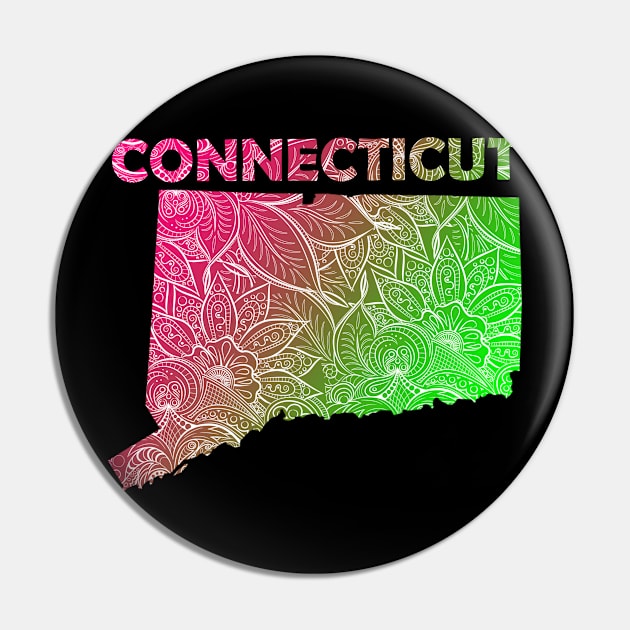 Colorful mandala art map of Connecticut with text in pink and green Pin by Happy Citizen