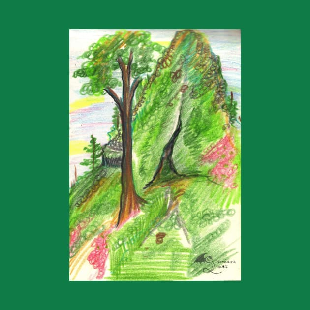 Green Grass Forest Land Trees Cave Mountain Woods Pink Sky Rock Colored Pencil by pegacorna