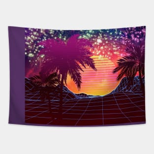 Retro fireworks over beach design Tapestry