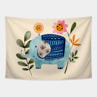 Cute watercolor elephant with flowers Tapestry