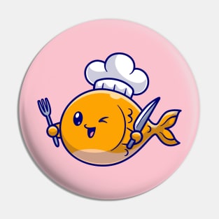 Cute Fish Chef With Fork And Knife Cartoon Pin