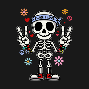 Peace And Love Funny Skeleton Design T-Shirt