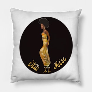 Still I’ll rise -dark background - black girl with Afro hair, shimmering gold dress and dark brown skin side profile. Pillow