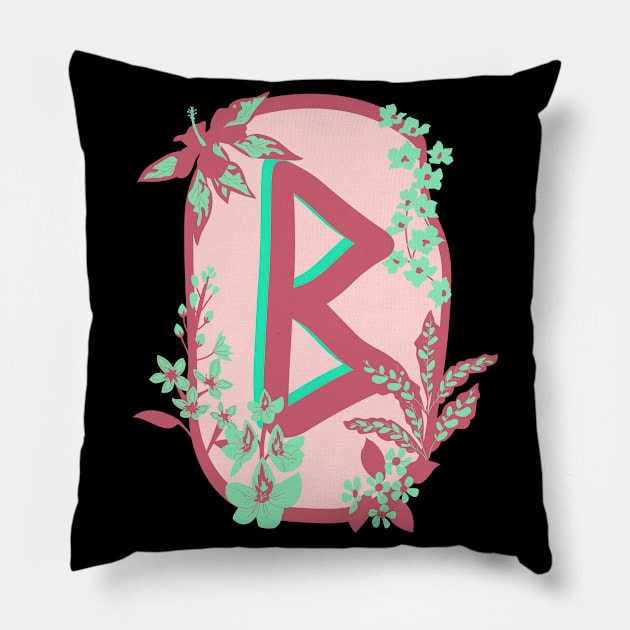 Berkana Rune Flowery Design Pillow by El Onix