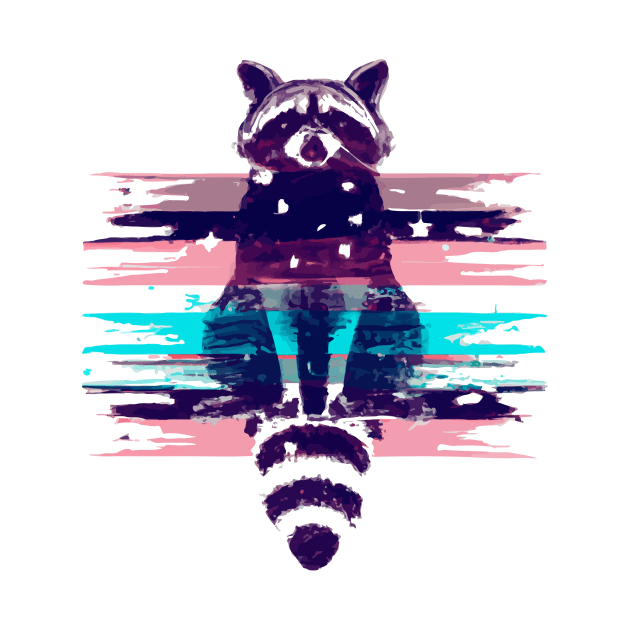 Glitchy Trippy Retro Raccoon Washed Out  Artwork T Shirt by Furrban