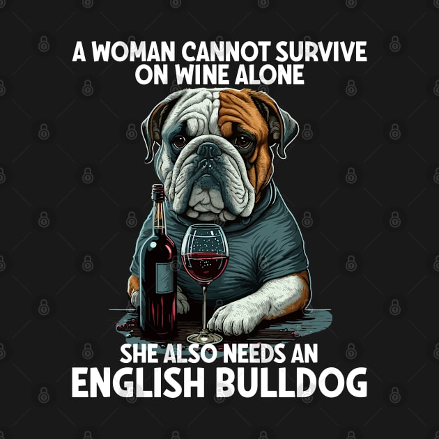 English Bulldog - A Woman Cannot Survive On Wine by Kudostees