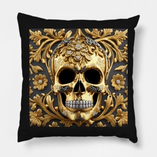 Skull Baroque 3D Jewelry Rococo Gold Bling Floral Pillow