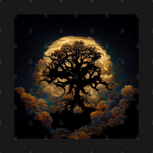 Large old oak tree at night surrounded by glowing magic mushrooms on the ground and a full moon in the sky with fractal clouds by Riverside-Moon