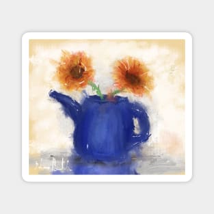 An Artistic Painting of a Blue Watering Can with 2 Orange Flowers Magnet