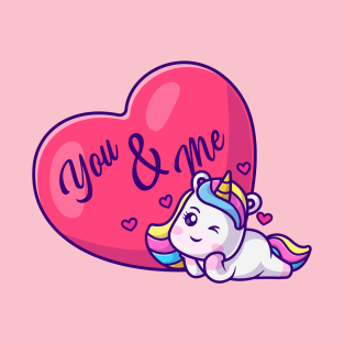 Cute Unicorn With Love Heart Cartoon T-Shirt