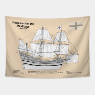 Mayflower plans. America 17th century Pilgrims ship - SBpng Tapestry