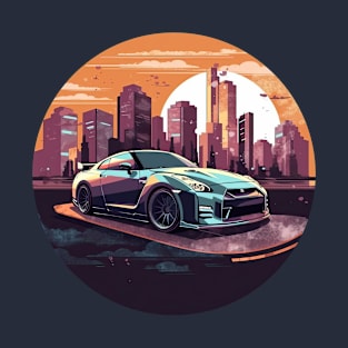 Nissan GT-R R35 inspired car in front of a modern background with city skyline orange T-Shirt