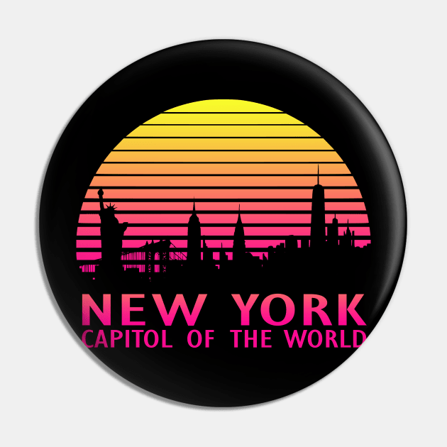 New York Capitol Of The World  80s Tropical Sunset Pin by Nerd_art