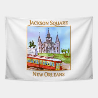 St. Louis Cathedral, and street car as seen in Jackson Square New Orleans Tapestry