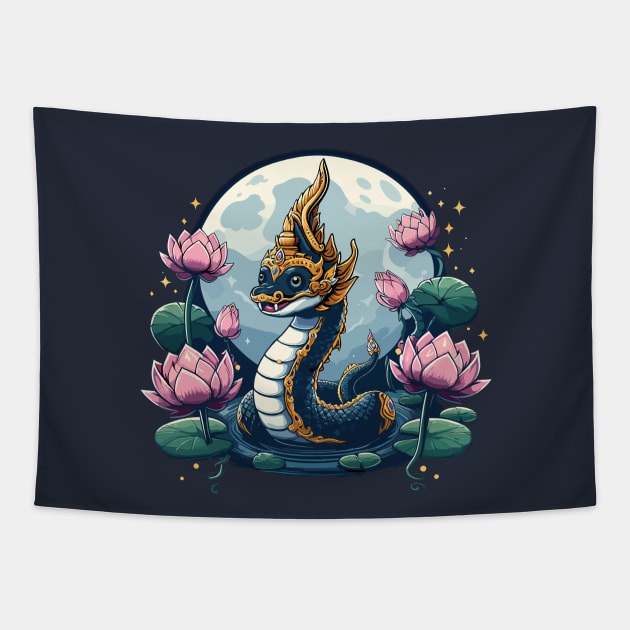 Cute Kawaii Naga Lotus Moon Legend Payanak Thai Laos Asian Tapestry by Nature Exposure