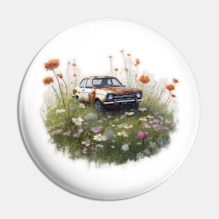 A rusty old Car in a field of flowers Pin