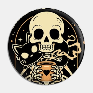 Black Cats and Coffee - Funny Skeleton Pin