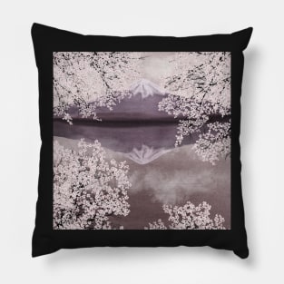 Sakura blooming trees Fuji mountain watercolor illustration Cherry blossom on water landscape Pillow