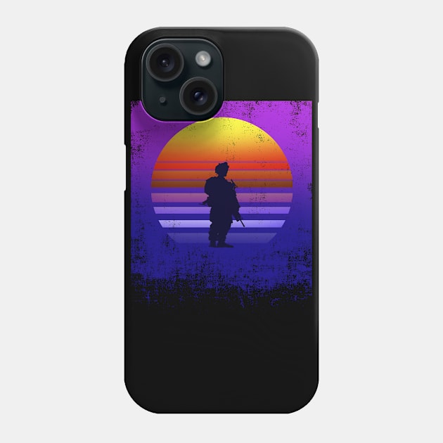 Retro Vintage Distressed Soldier Silhouette Purple Sunset Military - Remember Everyone Deployed - USA Army Phone Case by DazzlingApparel