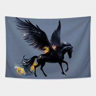 Mythical Fire Pegasus black horse winged flying night watercolor fantasy magical fairy tale illustration Tapestry