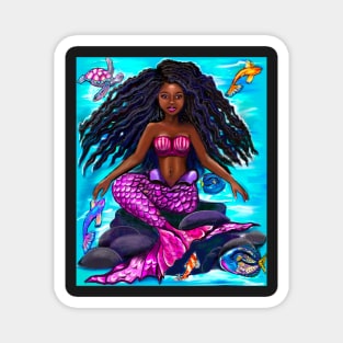 Black mermaid with flowing locks , brown eyes Afro hair and caramel brown skin Magnet