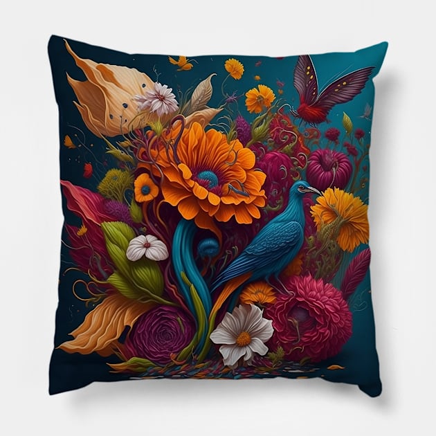 Colorful world of birds and flowers Pillow by Linkme