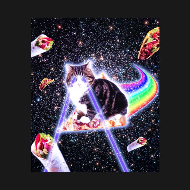 Laser Eyes Space Cat Riding Rainbow Pizza by Random Galaxy