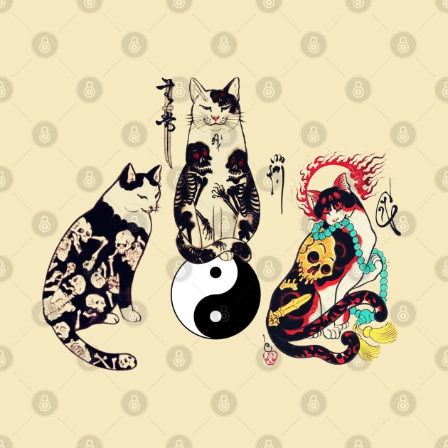 THREE JAPANESE CATS IN SKULL,SKELETON TATTOOS AND YIN YANG SYMBOL by BulganLumini