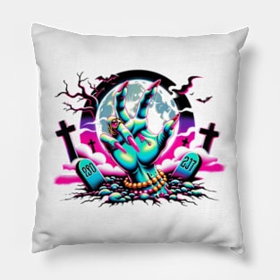 Creepy Neon Zombie Hand Graveyard Colorful Spooky Pillow