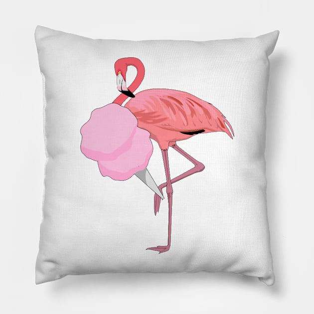 Cute Pink Flamingo Eating Cotton Candy Pillow by TammyWinandArt