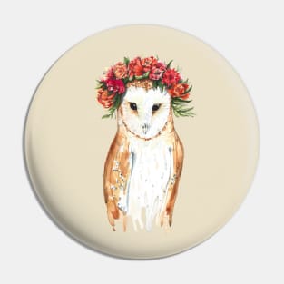 A watercolor barn owl bride in a wreath Pin