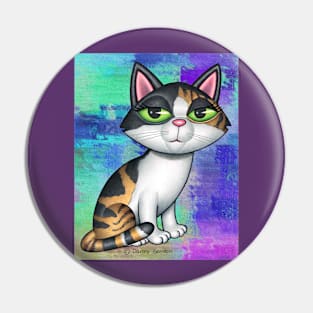 Beautiful Calico Kitty Cat on blue, green, purplish background Pin