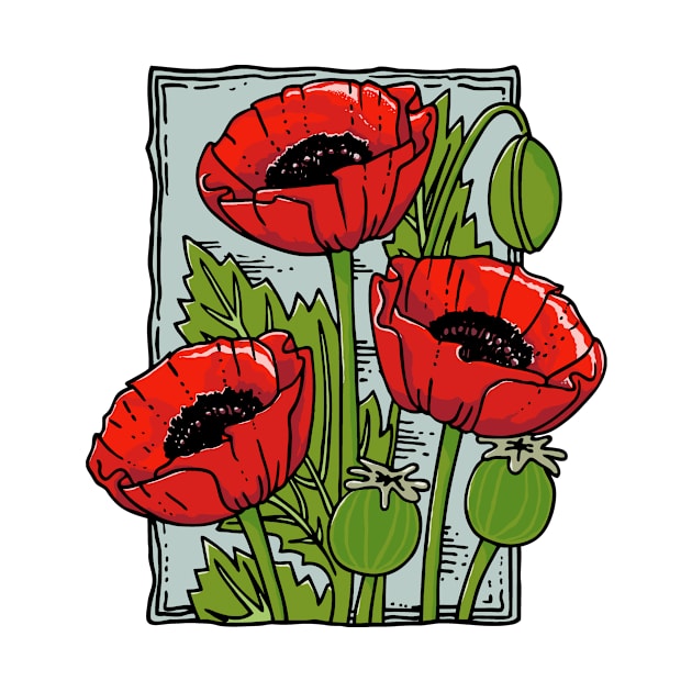 Poppies, Vintage style flower stamp (colored) by Colette