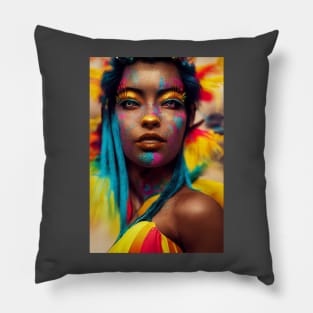 A woman with colorful makeup and feathers on her head2 Pillow