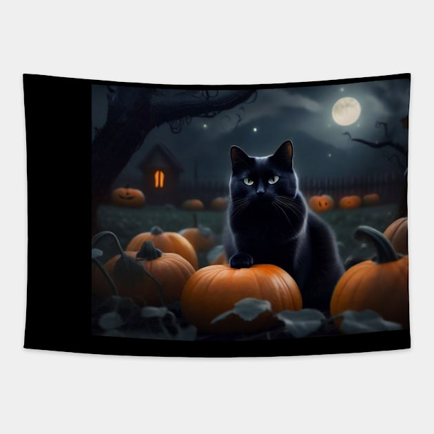 Black cat in a pumpkin patch at midnight Tapestry by Love of animals