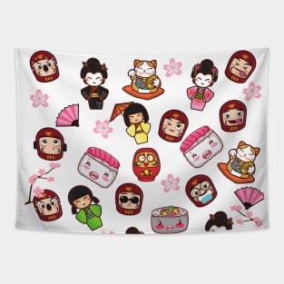 Super Cute Kawaii Japanese Maneki Daruma Sushi Geisha Pattern Tapestry