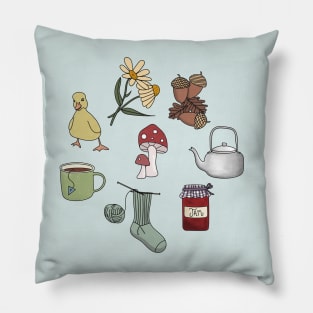 Cottagecore Starter Pack - Cottage Lifestyle Acorns, knitting, jam, duckling, daisy, kettle and enamel camping cup Pillow