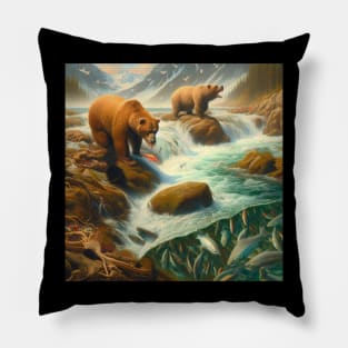 Grizzly Bear Fishing . Pillow