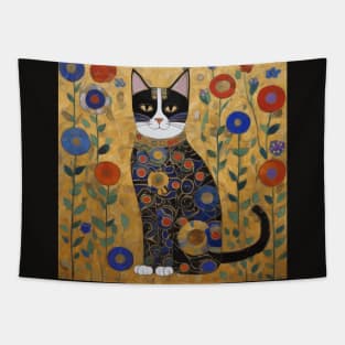 Klimt Tuxedo Cat in Flower Garden Tapestry