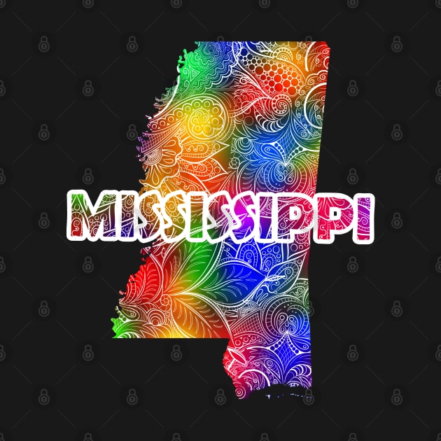 Colorful mandala art map of Mississippi with text in multicolor pattern by Happy Citizen