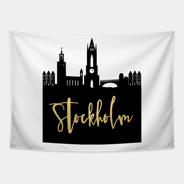 STOCKHOLM SWEDEN DESIGNER SILHOUETTE SKYLINE ART Tapestry by deificusArt