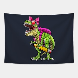 Funny Back To School T-Rex wearing a School Bag and Carrying pencil Tapestry