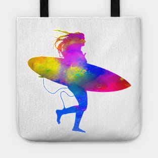 Running Woman on Beach with Surfboard Tote