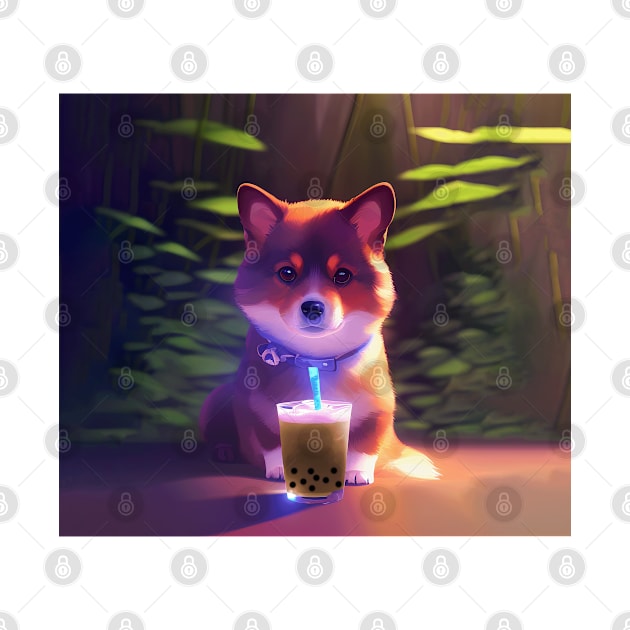 Cute corgi with boba bubble tea by akwl.design