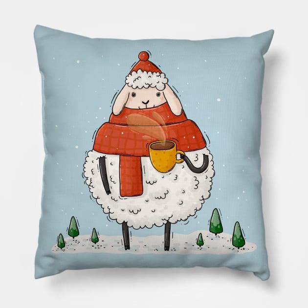 Cozy fluffy winter sheep with coffee Pillow by Tania Tania