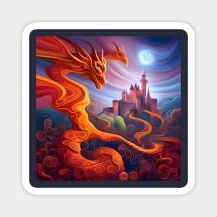 A psychedelic painting of dragons and castles. Magnet