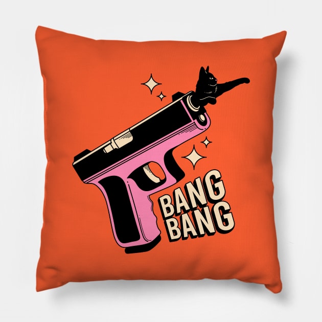 Bang Bang Black Cat in orange Pillow by The Charcoal Cat Co.